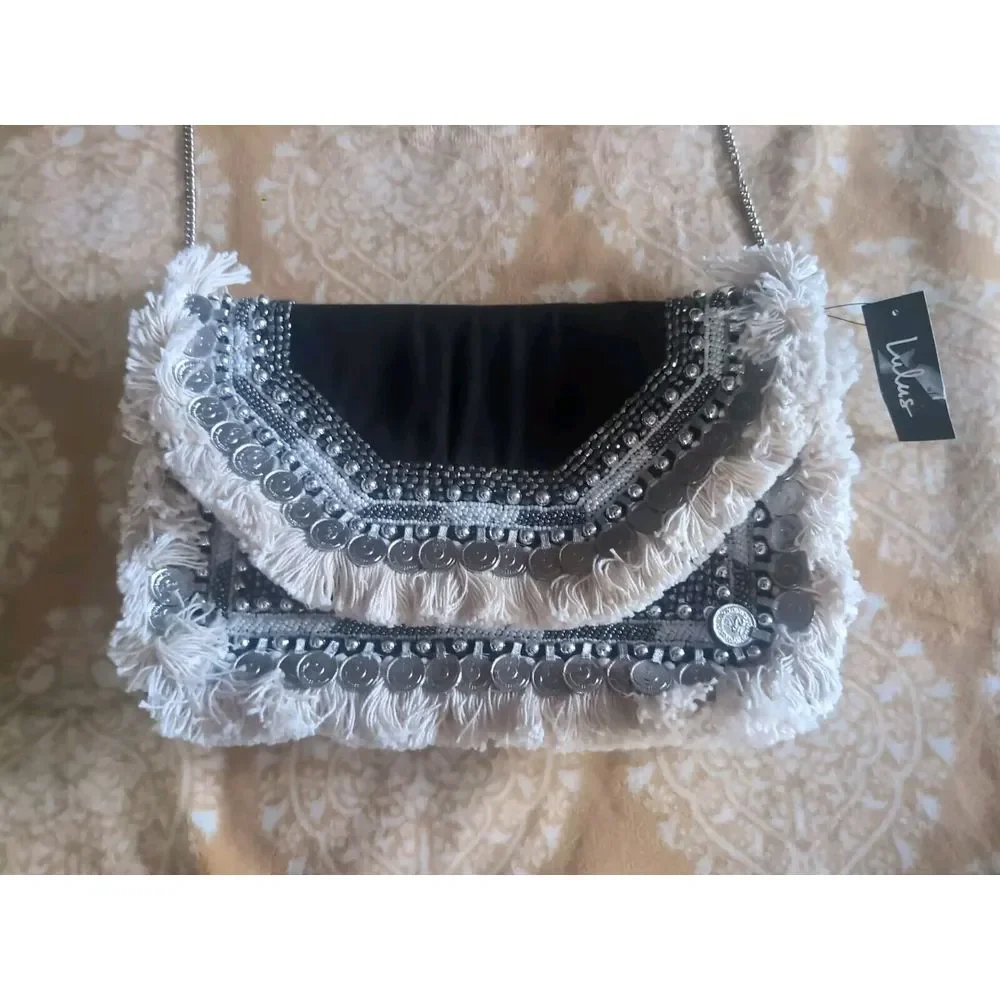 New Lulus‎ Beaded Moon star Design Purse Black W/ Fringe Bohemian Boho chain